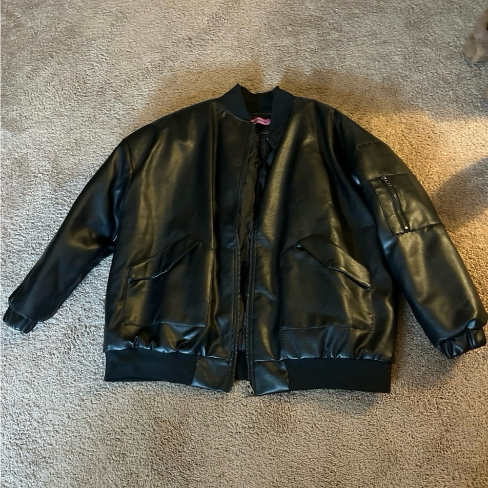 Edikted Black Leather Bomber Jacket
